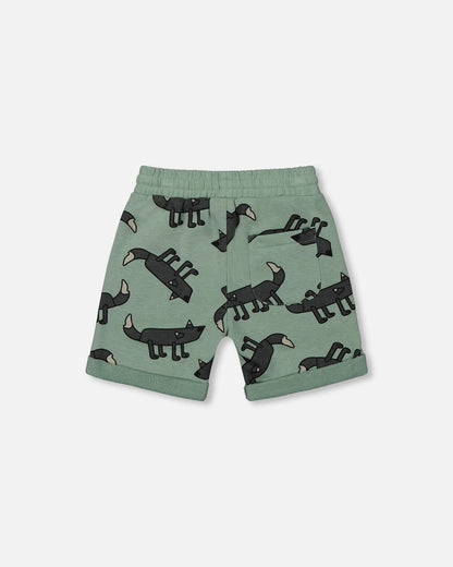 Printed French Terry Short Gray Wolf On Teal Background-2
