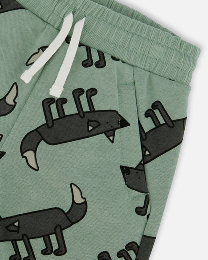 Printed French Terry Short Gray Wolf On Teal Background-3