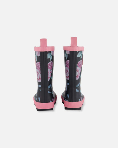 Printed Rain Boots Pink, Black, And Flowers-2