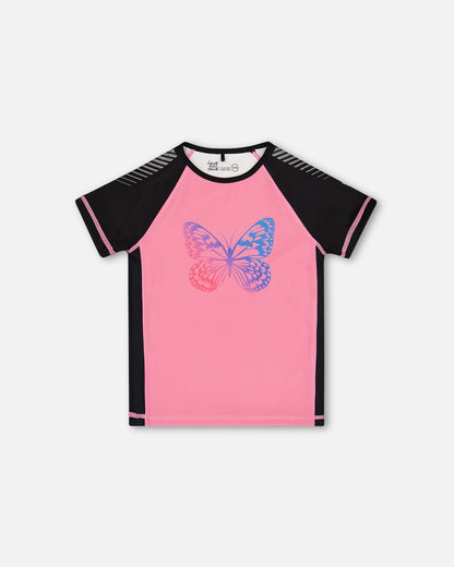 Printed Short Sleeve Athletic Top Pink With Butterflies-0