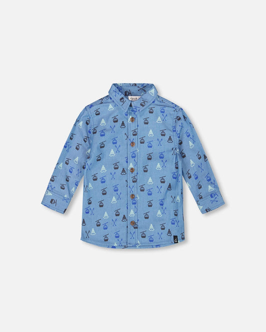 Long Sleeve Button Front Denim Shirt Blue-0