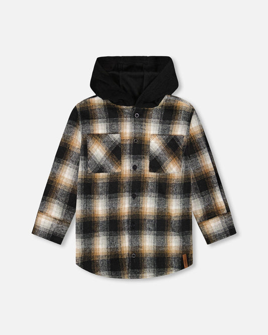 Hooded Polar Fleece Overshirt With Hood Black And Brown Plaid-0