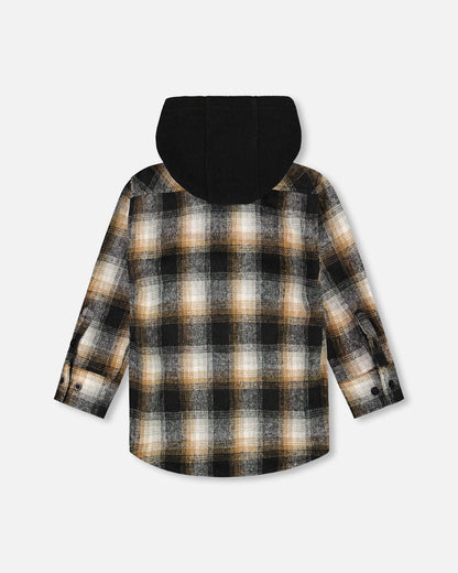 Hooded Polar Fleece Overshirt With Hood Black And Brown Plaid-2