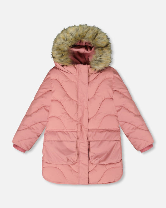 Long Wavy Quilt Puffy Coat Dusty Pink-0