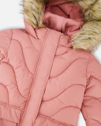 Long Wavy Quilt Puffy Coat Dusty Pink-4